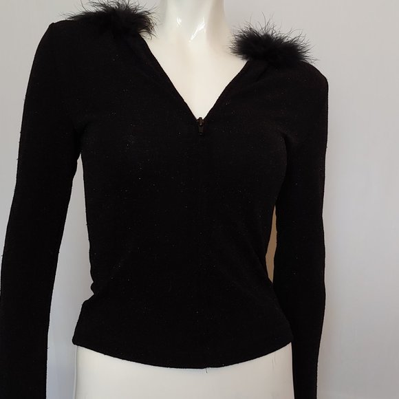 Sweaters - Black and gold fleck zip sweater hoodie with boa trimmed hood
